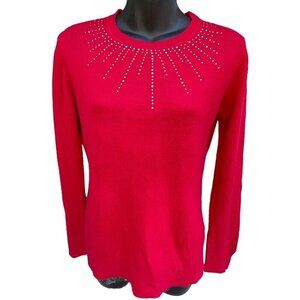 Red Long Sleeve Pullover Sweater Rhinestones Detail Women’s S Christmas
